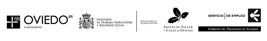  Logotipos de las entidades promotoras: Oviedo Ayuntamiento, Ministerio de Trabajo Migraciones y Seguridad Social, Escuelas Taller y Casas de Oficios y Servicio de Empleo del Gobierno del Principado de Asturias