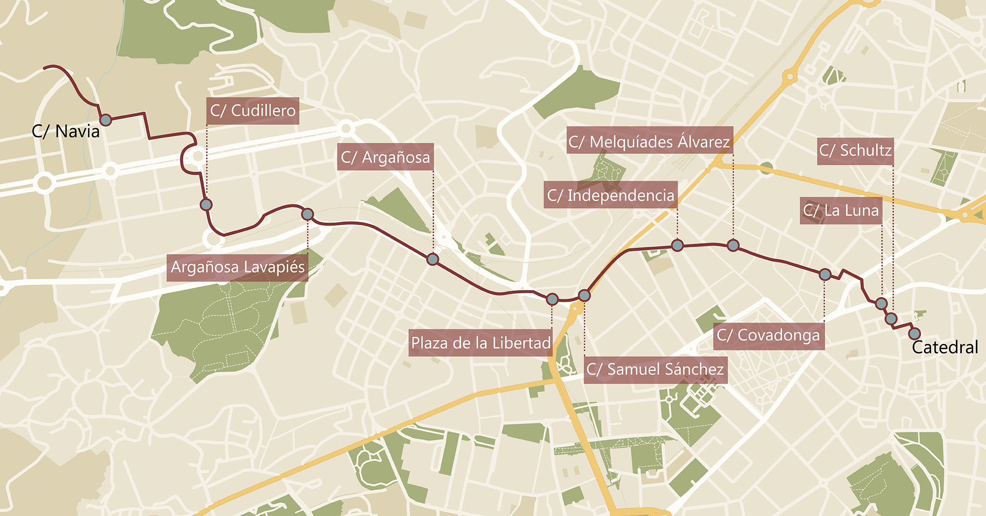 Mapa del Camino de Santiago en Oviedo, donde se indican las calles que recorre el Camino Primitivo por la zona urbana