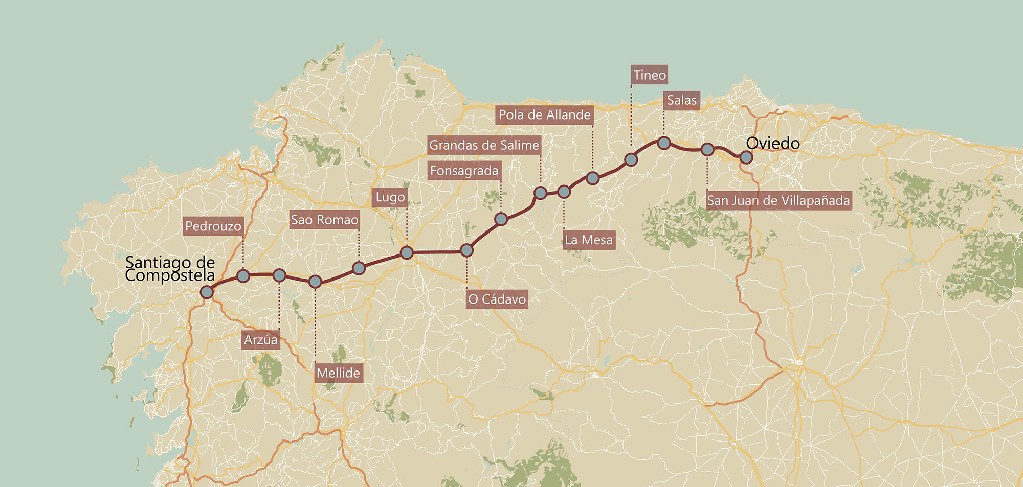 Mapa del Camino de Santiago donde se indican las 13 etapas que permiten completar el Camino Primitivo