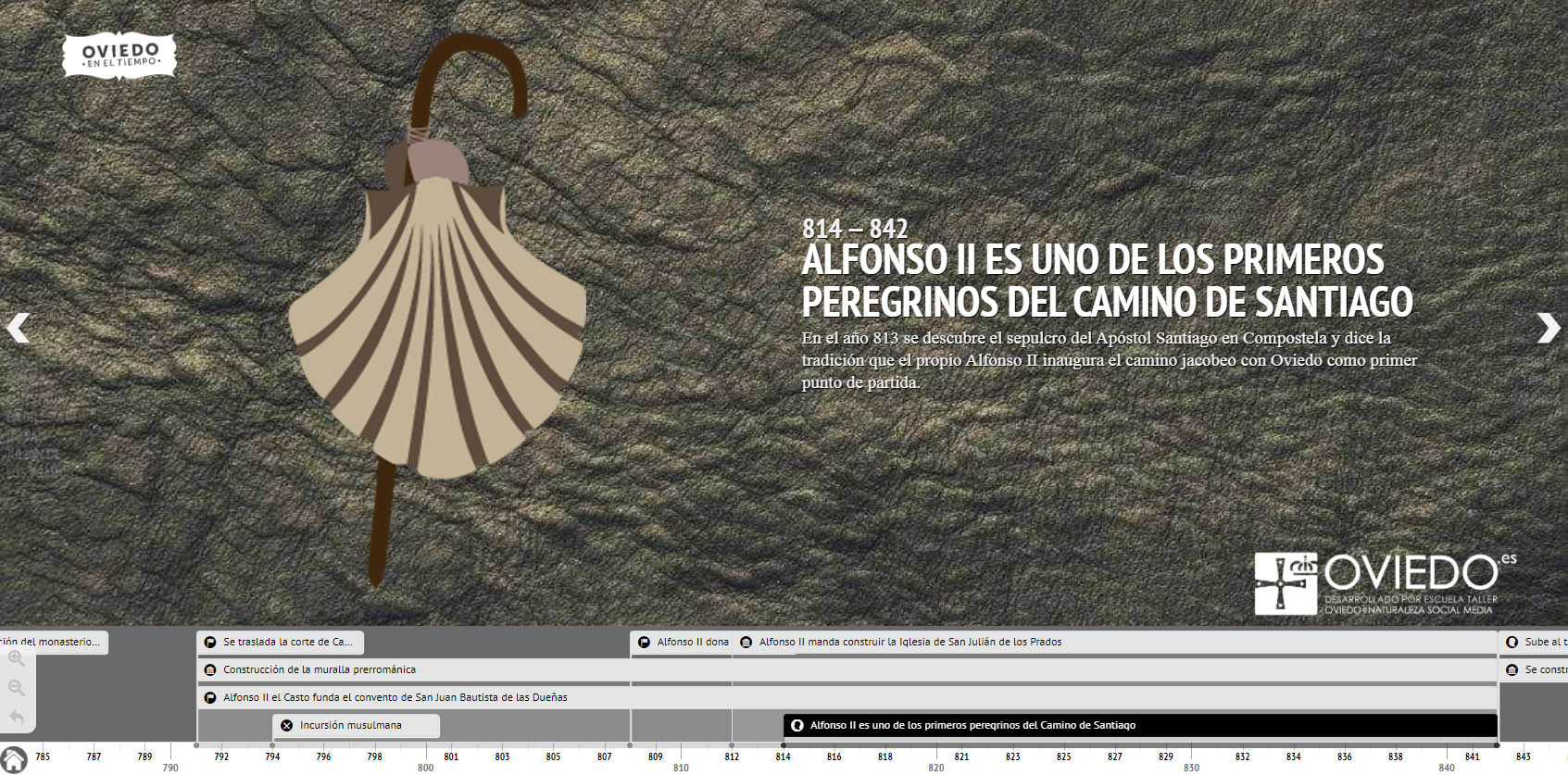 Imagen vectorizada de la página web Oviedo en el tiempo, en el que se muestra una línea cronológica con los hitos más relevantes de la ciudad a lo largo de la historia.