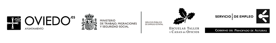 Logotipos de las entidades promotoras: Oviedo Ayuntamiento, Ministerio de Trabajo Migraciones y Seguridad Social, Escuelas Taller y Casas de Oficios y Servicio de Empleo del Gobierno del Principado de Asturias